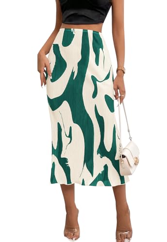 PRETTYGARDEN Women's 2024 Summer High Waist Zebra Print A Line Long Pleated Skirts for Women Trendy Midi Skirt Flared Hem (Dark Green, XX-Large)
