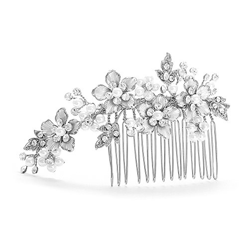 Mariell Brushed Silver Handmade Austrian Crystal & White Pearl Wedding Comb - Luxe Bridal Hair Accessory