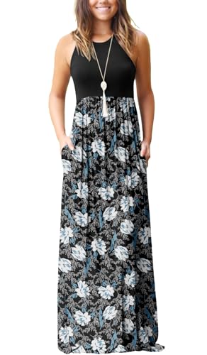 GRECERELLE Women's Summer Casual Loose Long Dress Sleeveless Floral Print Maxi Dresses with Pockets(White Lily, Medium)