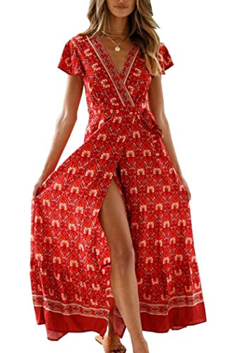 PRETTYGARDEN Women's Casual Long Summer Dresses Boho Floral Wrap V Neck Short Sleeve Split Maxi Beach Dress (Red -1,Medium)