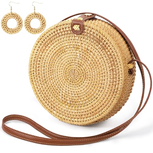 LHMTQVK Rattan Bag Rattan Purses for Women Rattan Handbags for Women Summer Purse Woven Bag Straw Purses with 1 Pair Rattan Earrings(Round)