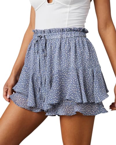 Aoudery Flowy Shorts for Women Casual Boho Floral Skorts Ruffle Mini Skirts Running Tennis Butterfly Shorts Double Layer Chiffon Shorts - Floral Blue M