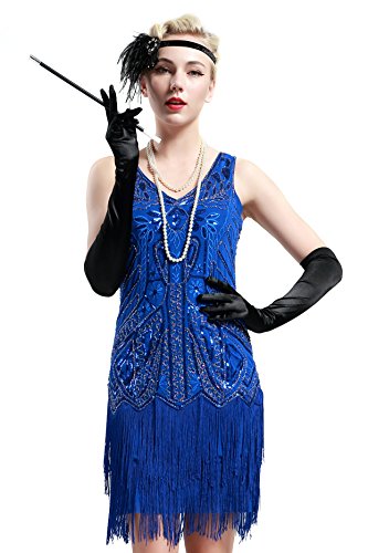 BABEYOND Women's Flapper Dresses 1920s V Neck Beaded Fringed Great Gatsby Dress (Medium, Blue)