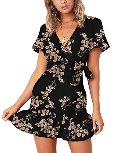 Relipop Summer Women Short Sleeve Print Dress V Neck Casual Short Dresses (T16, XX-Large)