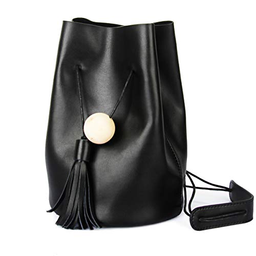 UER Women's Trend Fashion Handcrafted Cow Leather Bucket Should Bag with Tassels Ornament (Black)