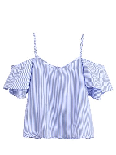 SheIn Women's Cute V Neck Cold Shoulder Short Sleeve Strappy Top Blouse Blue Small