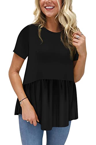 Hibluco Women's Summer Tops Short Sleeve Round Neck Floral Print Shirt Tunic Blouse Solid Black