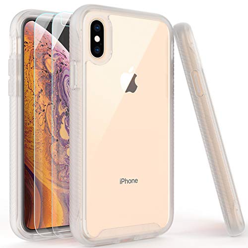 iPhone X Case, iPhone Xs Case with Tempered Glass Screen Protector [2 Pack], Rugged Shockproof Clear Multicolor Series Bumper Cover for Apple iPhone Xs/X-Matte Clear