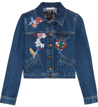 Maje - Cropped Embroidered Denim Jacket - Mid denim
