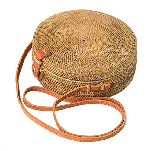 Bali Harvest Round Woven Ata Rattan Bag Linen Inside and Leather Button (with Genuine Leather Strap)