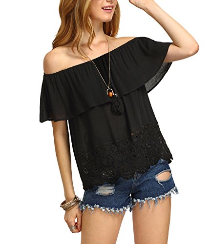 SheIn Women's Off The Shoulder Ruffle Tassel Scalloped Hem Blouse Top Medium Black