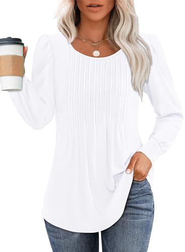 OFEEFAN Womens Long Sleeve Tops Dressy Casual Blouses Fall Fashion Outfits Trendy White Shirts Scooped Neck Pleated 2XL