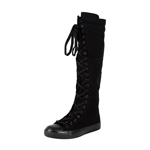 West Blvd Womens Sneaker Boots Knee High Lace Up Flat Punk Canvas Skate Shoes, Black Linen, US 10