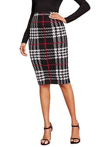 Floerns Women's Plaid Print High Waist Knee Length Bodycon Pencil Skirt A Black Red L