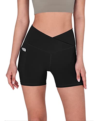 ODODOS Women's 5u0022 Crossover Yoga Shorts with Pockets, High Waist Sports Athletic Workout Running Biker Shorts, Black, Small