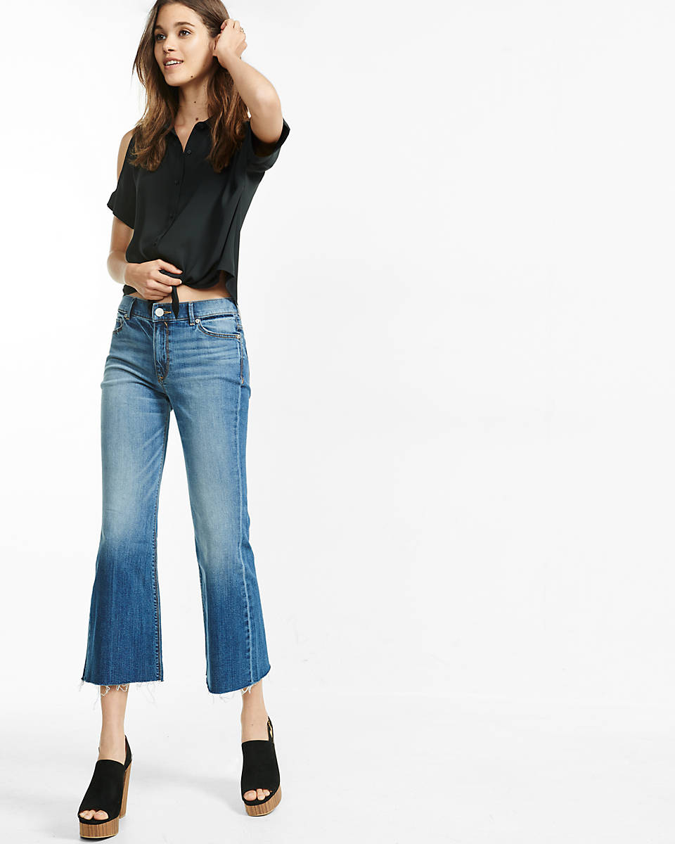 High Waisted Raw Hem Bell Crop Jean Legging