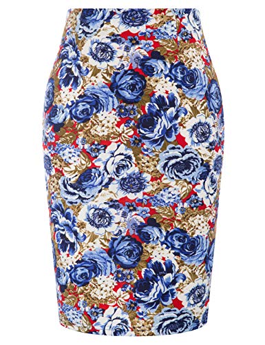 Kate Kasin Womens Floral Print Midi Skirts Knee Length High Waist Stretchy Bodycon Pencil Skirt Blue Rose&Red XX-Large