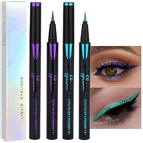 evpct 2Pcs Metallic Purple u0026 Green Glitter Glittering Diamond Liquid Eyeliner Eye Makeup Pencil Set, Sparkle Shimmer Colored Eyeliner Pen Waterproof Smudge Proof Long Lasting High Pigmented