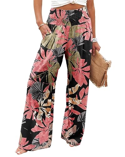 Angerella Women Floral Print Palazzo Pants Summer Wide Leg High Waist Boho Casual Lounge Pant Trousers with Pocket BlackCoral L