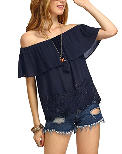 SheIn Women's Off The Shoulder Ruffle Tassel Scalloped Hem Blouse Top X-Large Navy