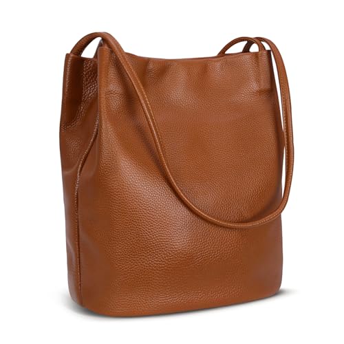 Iswee Leather Brown Tote Bag for Women Shoulder Bags Bucket Hobo Ladies Handbags and Purses Designer Satchel Bag (Brown-Lichee)