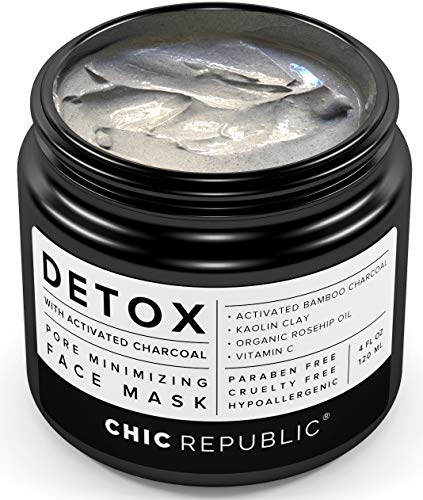 DETOX ORGANIC Charcoal and Clay Mask - Acne Face Masque with Kaolin Clay, Organic Rosehip Oil, Vitamin C - Minimizing Pore, Gentle Exfoliating, Anti Aging Hydrating Cream - Acne, Blackhead Treatment