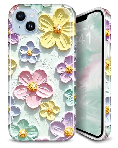 JIAXIUFEN Case for iPhone 14 iPhone 13 Sparkle Glitter Retro Oil Painting Printed Flower Design Slim Shockproof Protective TPU Soft Silicone Cover Phone Case Mint Colorful