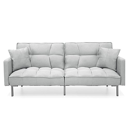 Best Choice Products Living Room Convertible Linen Fabric Tufted Splitback Sleeper Plush Futon Couch Furniture w/Pillows - Light Sea Foam Gray