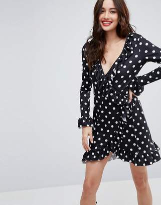 ASOS DESIGN ASOS Wrap Front Tea Dress with Frill in Polka Dot