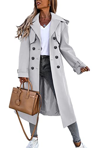 Fisoew Women's Double Breasted Long Trench Coat Windproof Classic Lapel Belted Overcoat with Pockets Small