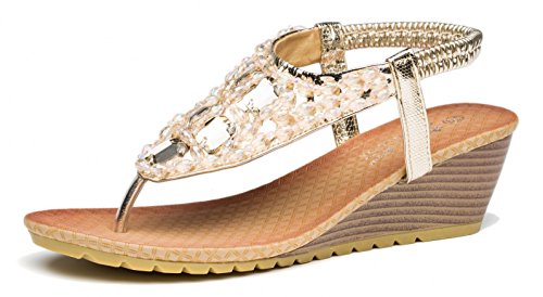 VIIHAHN Women's Wedge Sandals Summer Fashion Bohemia Medium Heel Thong Beaded Slingback Platform Shoes Size 7.5 US Gold