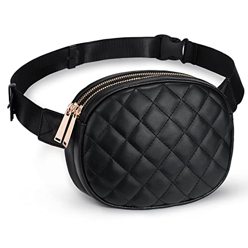 UTO Fanny Pack for Women Belt Bag Waist Pack Quilted Fashion Lightweight with 2 Zipper Pockets Purse Black