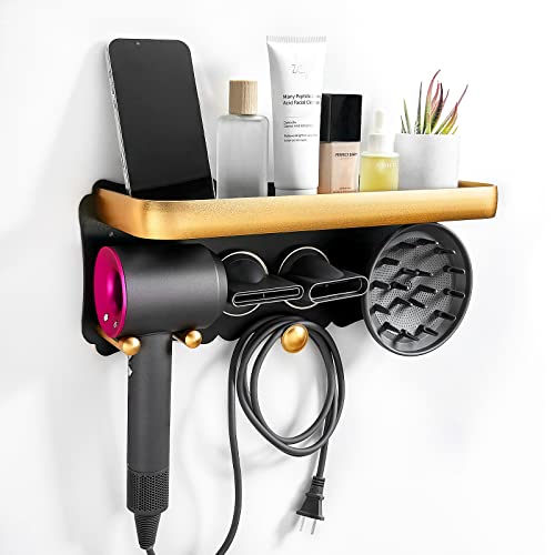 Hair Dryer Holder Wall Mounted with Storage Shelf，Bathroom Hair Tool Organizer for Dyson Hair Dryer Accessories Holder，Bathroom Organizer Hair Dryer Holder Toothbrush Cosmetic Storage Organizer Shelf