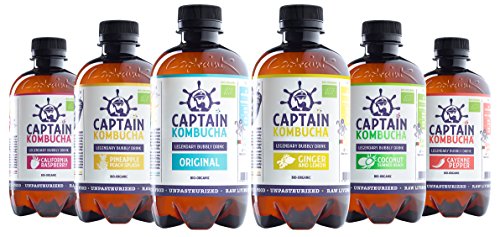 Captain Kombucha - Kombucha Tea, Natural Fermented Probiotic Drink, Raw Living Food, No Preservatives, No Artificial Colors or Flavors, non Pasteurized, Raw and Vegan - 8 x 13,5oz (MixBox)