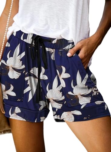 FEKOAFE Women Causal Blue Flower Print Print Drawstring Lounge Shorts Women Plus Size Cotton with Pockets Blue Flower Print-S Small