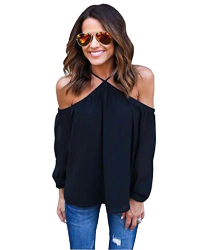 Akery Women's Sexy Spaghetti Strap Off Shoulder Shirt Tops Blouses X-Large Black