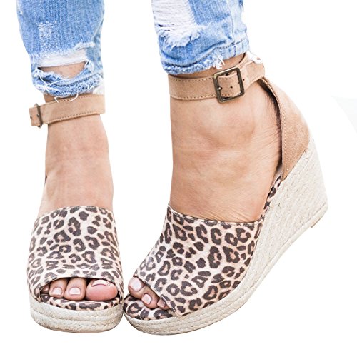 Minetom Wedges Shoes for Women Espadrilles Heels Ferbia Ankle Strap Fall Summer Sandals C Leopard 9 B (M) US