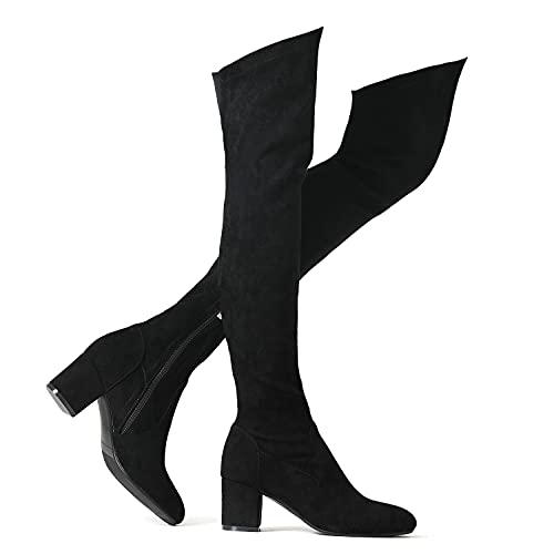 Stretch Suede Chunky Heel Thigh High Over The Knee Boots