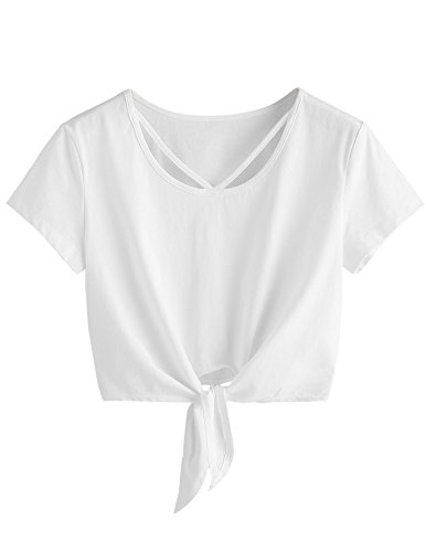 SweatyRocks Women's Loose Short Sleeve Summer Crop T-shirt Tops Blouse White#5 L