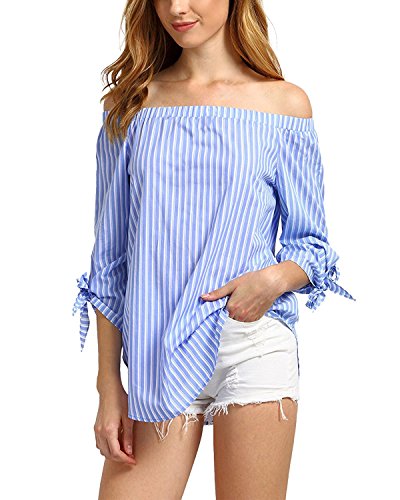 StyleDome Women Striped Off The Shoulder Elegant Shirts 3/4 Sleeve Blouse Tie Cuff Irregular Hem Sexy Tee Tops Light Blue M