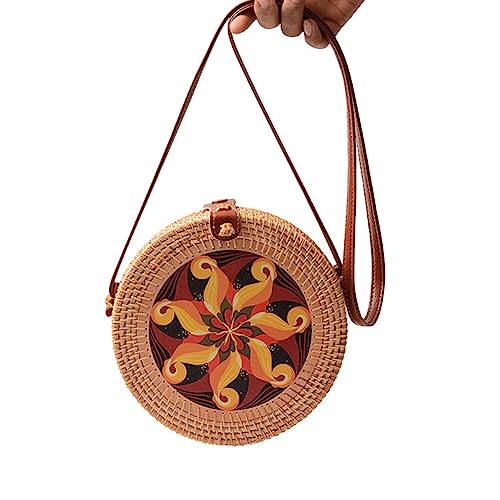 Rattan Crossbody Bag for Women, Handwoven Round Rattan Shoulder Bag Summer Beach Weave Shoulder Bag Handbag with PU Leather Strap