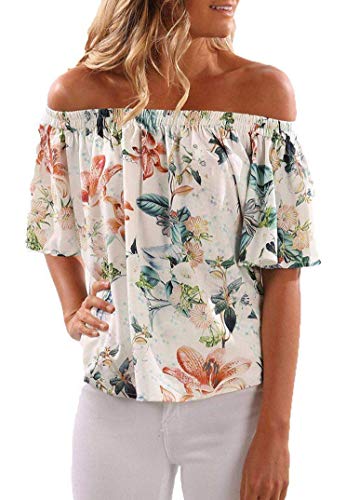 CNFIO Womens Off Shoulder Short Sleeve Shirt Floral Print Elegant Tee Blouse Tops White 2XL(US 14)