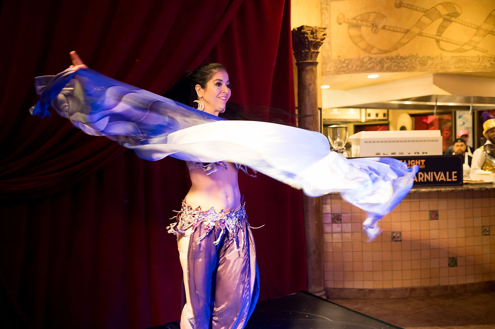 Belly dancer spinning silk veils on stage at a Carnivale themed event