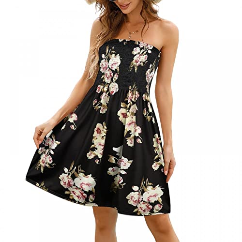 Comeon Women Off Shoulder Strapless Sleeveless Tube Top Dress Floral Summer Beach Coverup Flowy Midi Dress (Black Apricot Flowers,L)