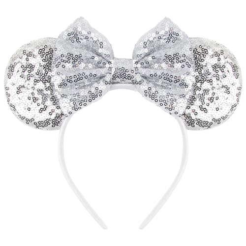 bianbaistar Mouse Ears Headband for Women Velvet Hair Bow White Angle Headwear for Girls & Boys - Sparkle Sequins Hair Bands with Big Mouse Ears Essencial Accessories for Trip (White Bow)