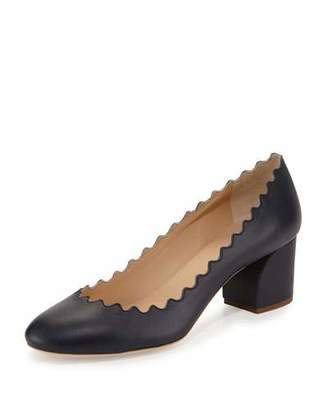 Chloe Scalloped Leather Block-Heel Pump, Navy
