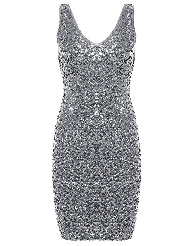 PrettyGuide Sexy Deep V Neck Sequin Glitter Stretchy Mini Party Dress