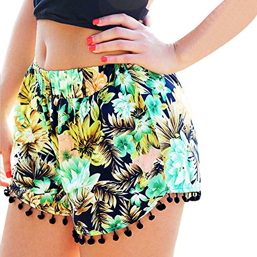 Sunm boutique Women's Shorts Beach Shorts Pom Pom Shorts Tassel Shorts Casual Shorts Summer Beach Shorts (Small, Green)