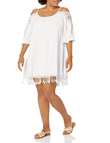 Milumia Women's Summer Cold Shoulder Crochet Loose Beach Dress White Large