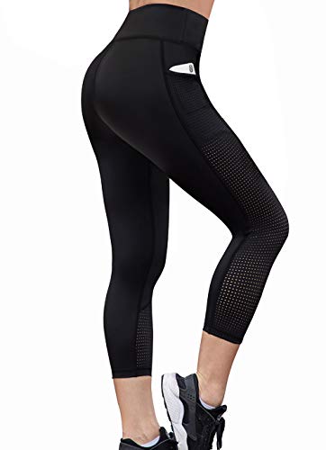 RAYPOSE Workout Leggings for Women with Pockets Tummy Control Gym Butt Lifting Capri Yoga Pants with Mesh Cut Out Black-L